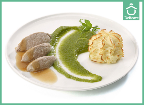 IDDSI 5 - Varkensvlees in jus met sperzieboontjes en aardappelpuree (gemalen)