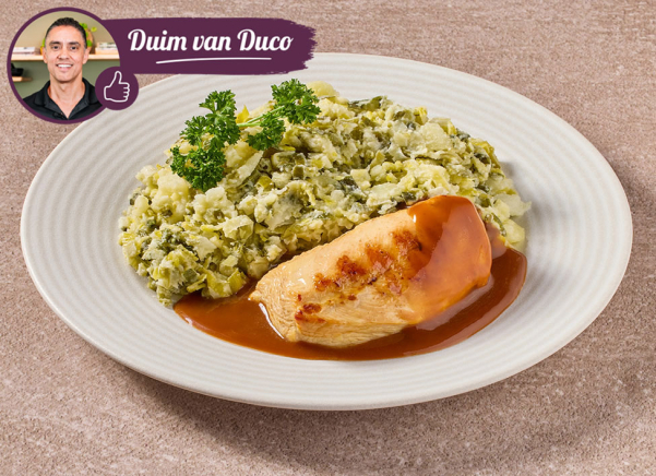 Preistamppot met kipfilet in jus