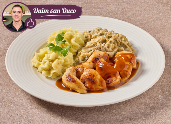 Kiphaasjes in jus met witlof à la crème en aardappelpuree