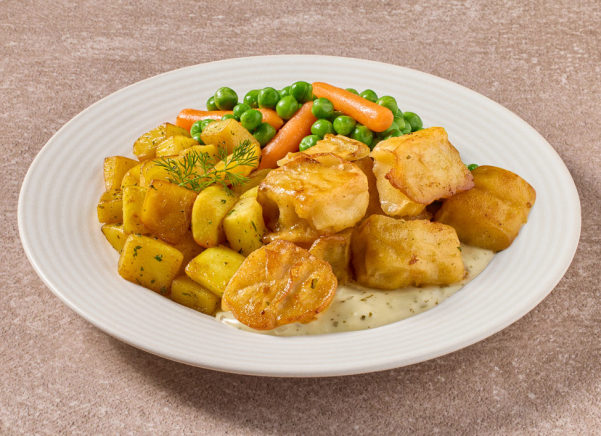 Kibbeling in remouladesaus met worteltjes- en doperwtenmix en gebakken gekruide aardappelblokjes