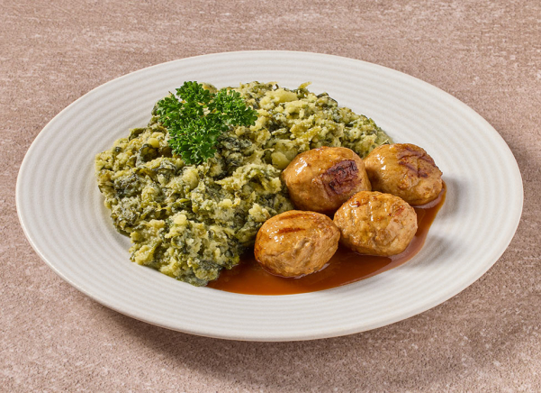 Andijviestamppot met vegetarische balletjes in jus (vegetarisch)