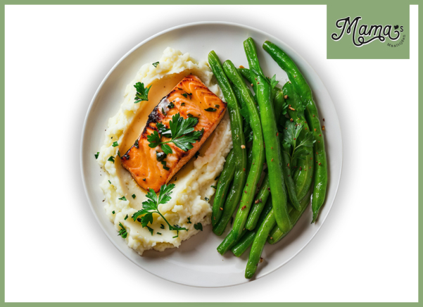 Mama’s Maaltijden – Zalmfilet met aardappelpuree, sperziebonen en knoflookboter