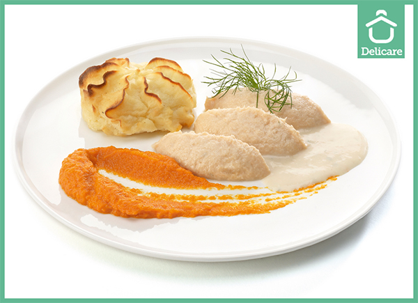 IDDSI 5 - Zalm in vissaus met worteltjes en aardappelpuree (gemalen)