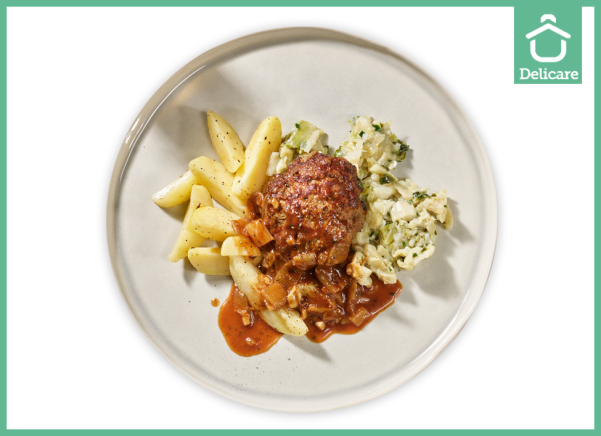 Runderburger met witlof in biersaus, groene kool en gekookte aardappelen (natriumarm)