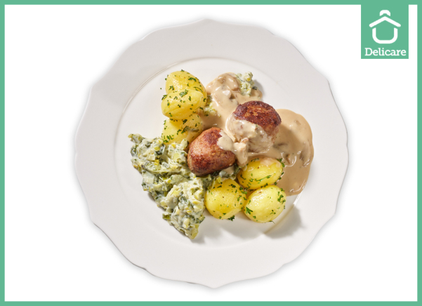 Kalfsgehaktballetjes met uiensaus, prei en gestoomde aardappelen (natriumarm)