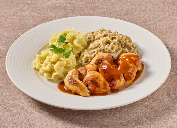 Kiphaasjes in jus met witlof à la crème en aardappelpuree