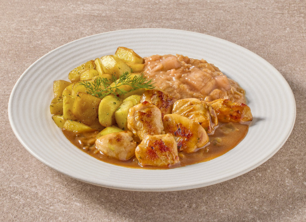 Kipstukjes in oma's jus met rabarbercompote en gebakken aardappelblokjes (kleine eiwitrijke maaltijd)