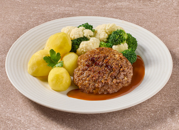 Gehaktbal in jus met bloemkool- en broccoliroosjes en gekookte aardappelen (kleine eiwitrijke maaltijd)