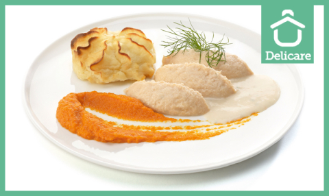 IDDSI 5 - Zalm in vissaus met worteltjes en aardappelpuree (gemalen)