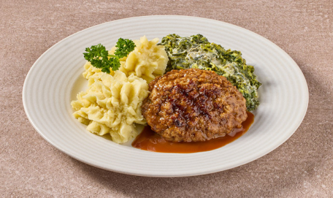 Gehaktbal in jus met andijvie à la crème en aardappelpuree