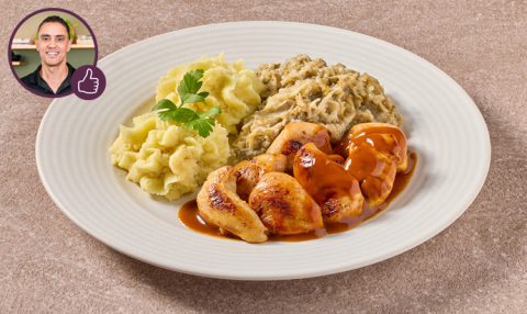 Kiphaasjes in jus met witlof à la crème en aardappelpuree