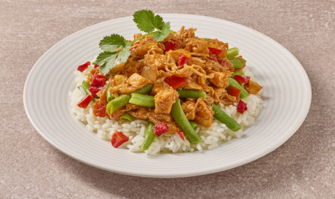 Pulled chicken met groentenmix en rijst