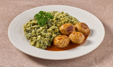Andijviestamppot met vegetarische balletjes in jus (vegetarisch)